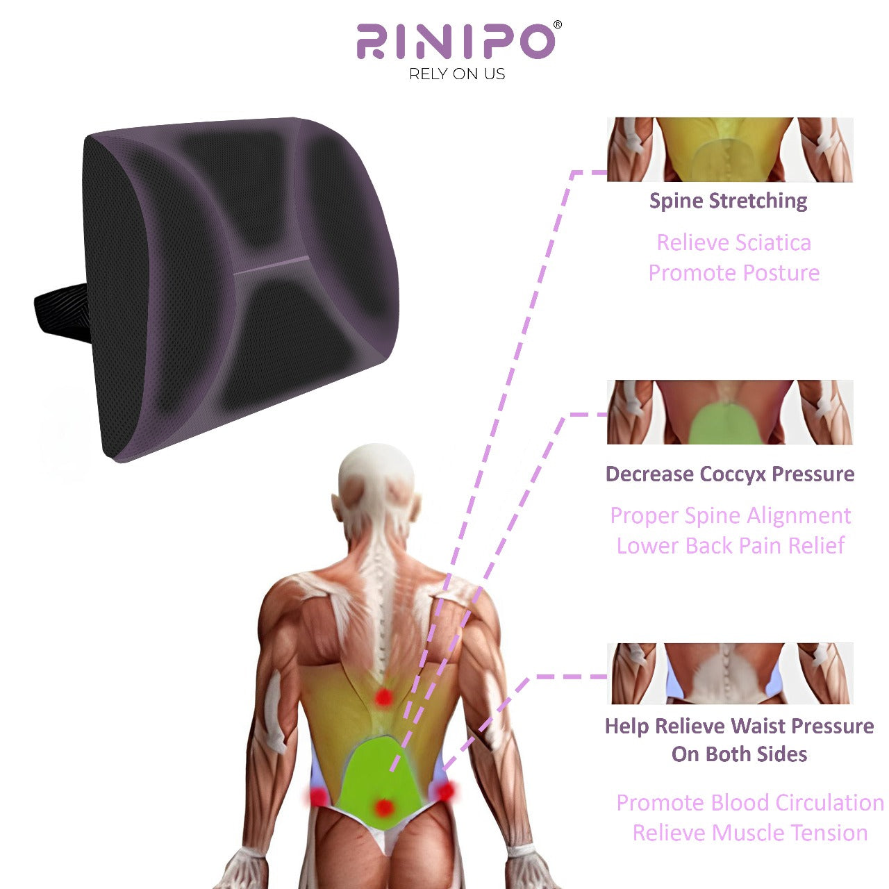 Rinipo Lumbar Support Memory Foam Pillow for Office Chair, Car & Couch